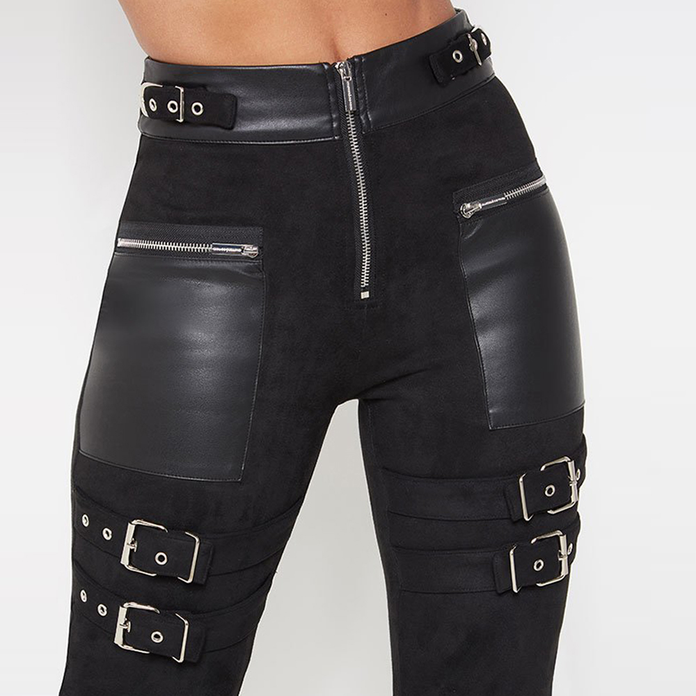 PU Leather Goth Pencil Pants For Women Dark Fashion Eyelet Patchwork Ladies Leather Trousers Skinny Chic Female Pants D30 201106