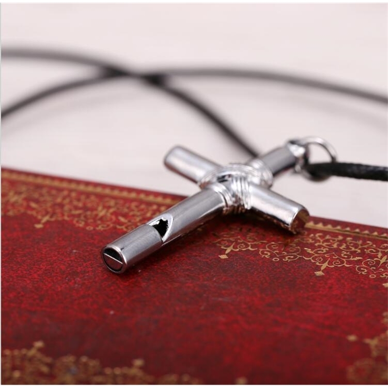 10pcs Men Women Whistle Steel Cross Pendant Necklace with Leather Rope fashion jewelry necklace 201014