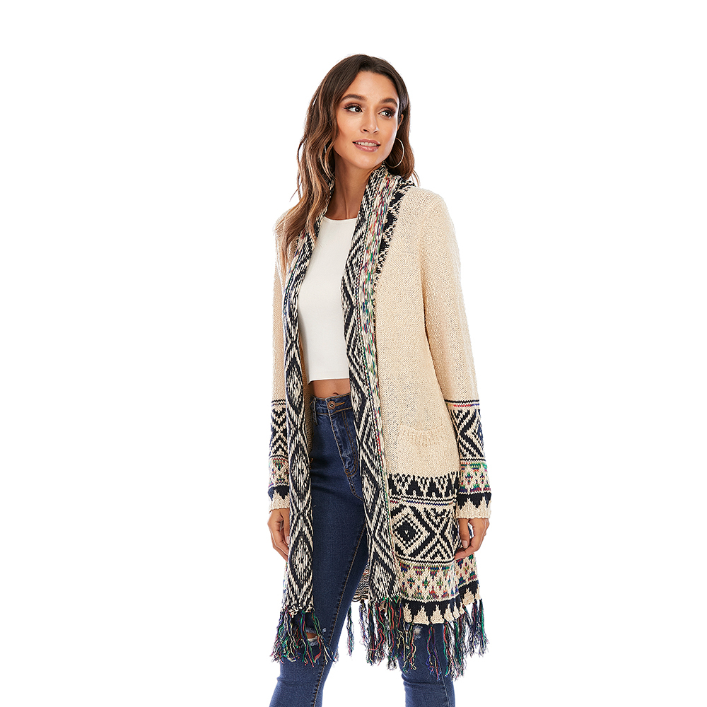 CGYY Women's Colorful Boho Sweater White Color Knitted Open Front Spring Autumn Winter Cardigan With Fringe Tassel And Pockets 210204