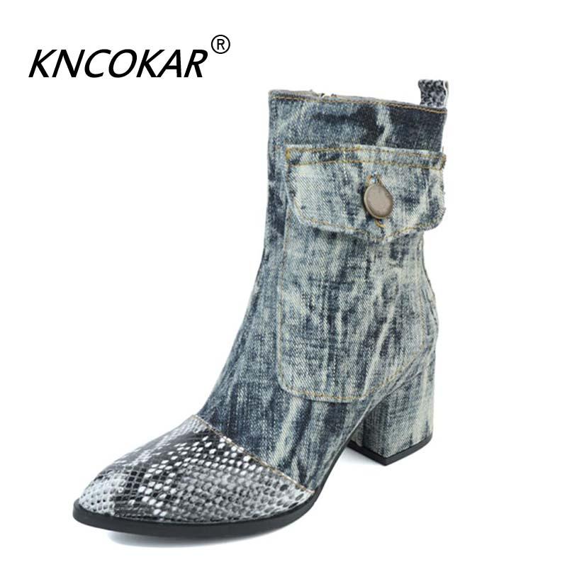 The 2020 new canvas women's shoes fall and winter high heel middle boots denim thick and women's boots, Black
