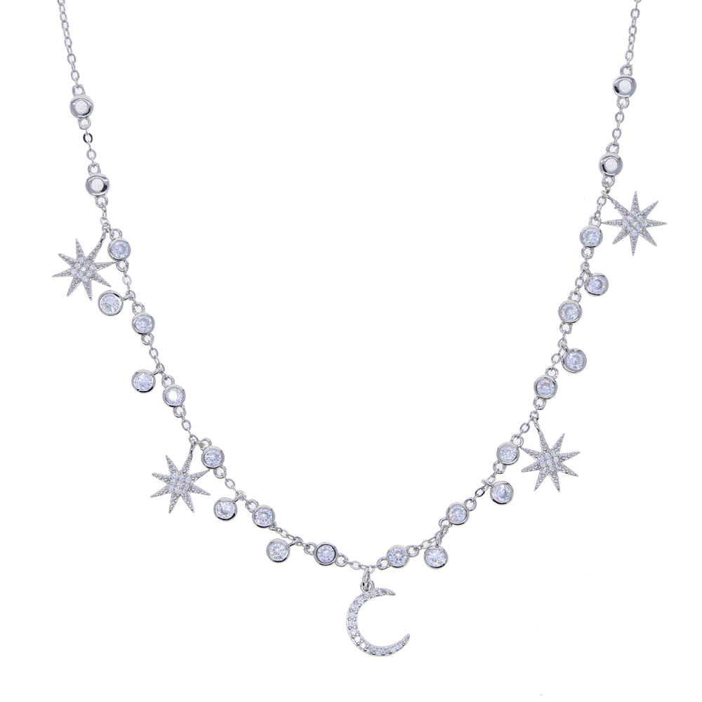 2021 fashion trendy wedding necklace with cz paved geometric star moon dangle charm paved statement station choker necklace for women