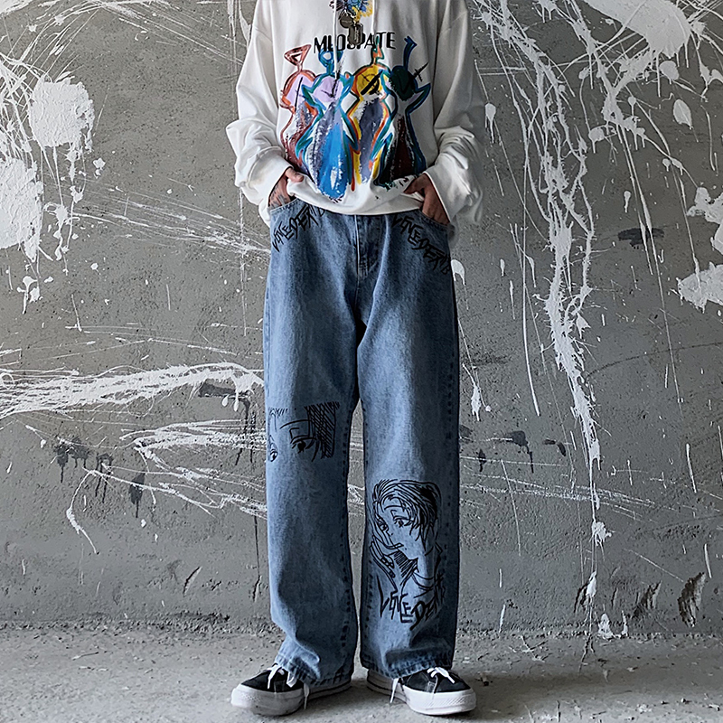 Hip Hop Jeans Male Streetwear 2020 Harajuku Comics Graffiti Denim Pants Oversized Loose Casual Joggers Men Trousers 201118wtt