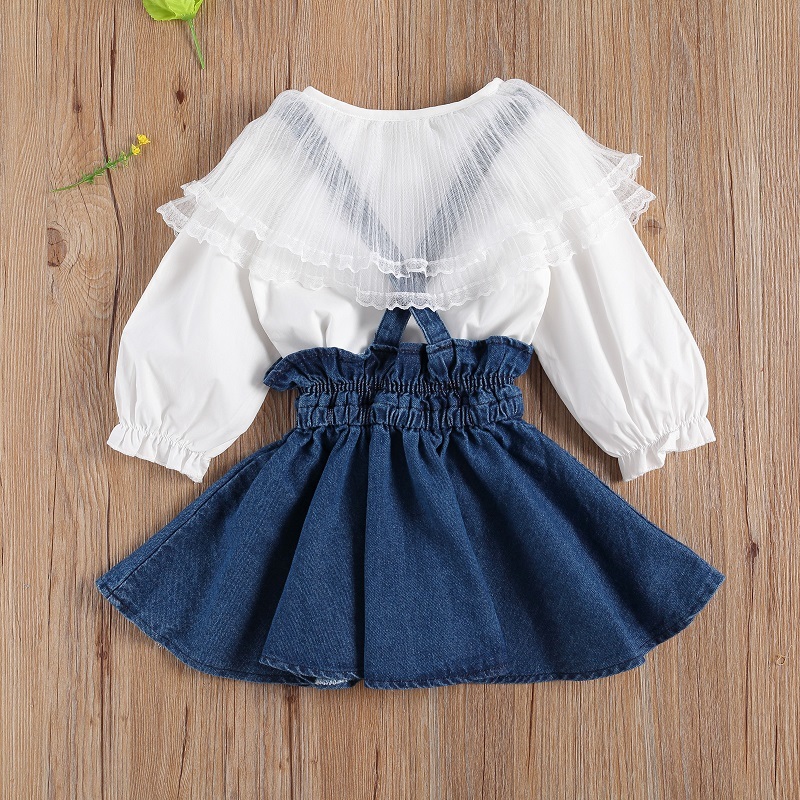 1-6Y Princess Kids Baby Girl Long Sleeve Lace Collar White T-shirt Tops Denim Suspender Skirt 2PCS Children Girls Clothing SetX1019