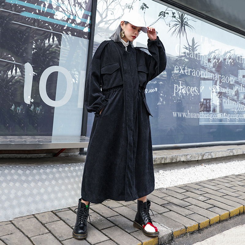 [EAM] Women Leopard Print Corduroy Long Big Size Trench New Stand Collar Loose Fit Windbreaker Fashion Spring Autumn LJ201128