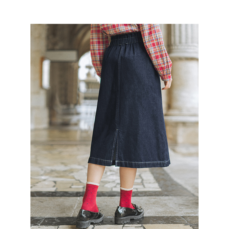 INMAN Spring Autumn Elastic Waist Fashion All Matched Patch Pocket Casual Literary Retro Women Medium Jean Skirt T200113