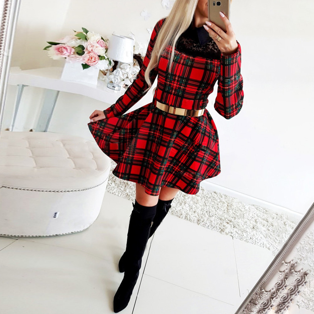 Christmas Dress For Women Winter Xmas Red Plaid Dress Long Sleeve Scottish Plaid Slim Dress Plaid Mini Party Dresses D30 201125