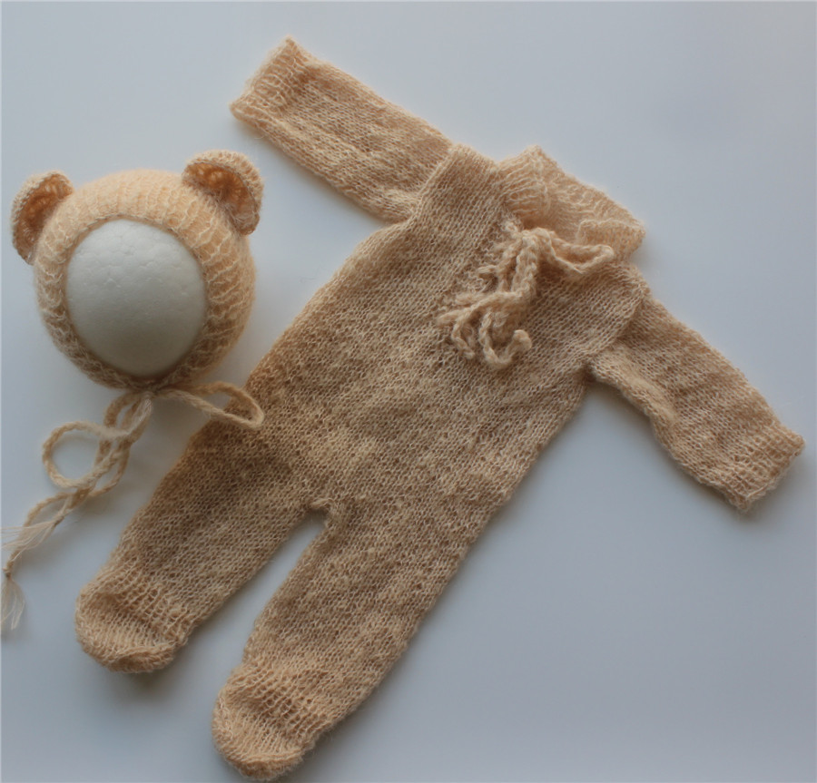 Newborn Photography Outfit Newborn Onesie and Bear Hat Newborn Footed Romper with Bear Bonnet Mohair Outfit Photo Prop C1018