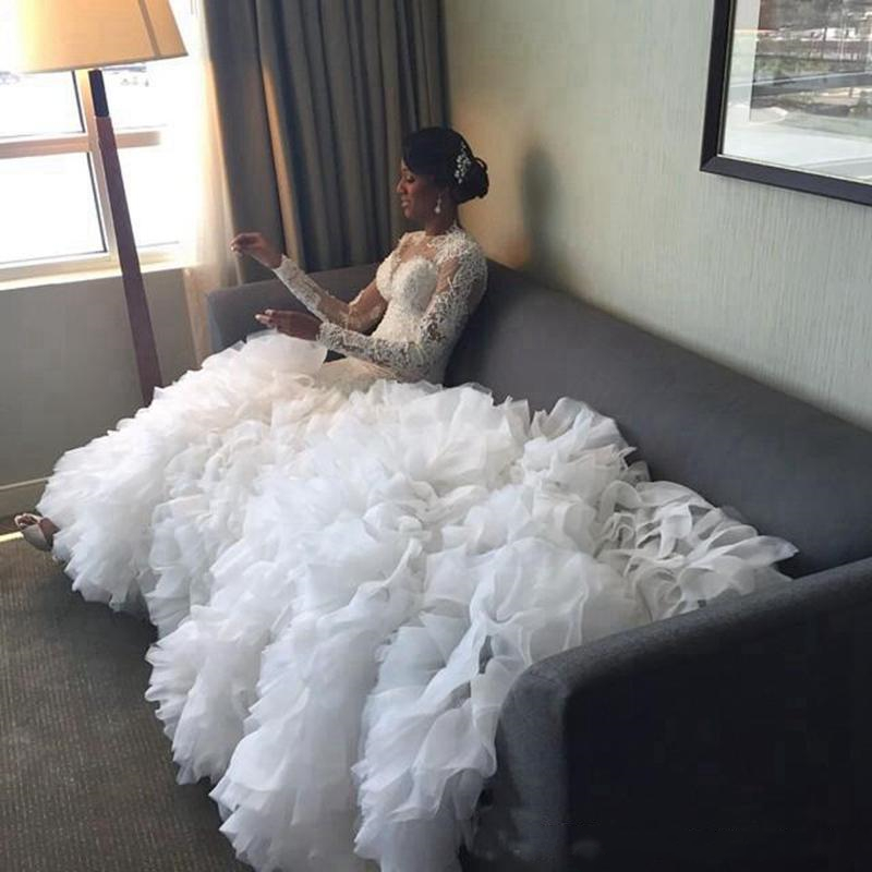 Luxury African Long Train Mermaid Wedding Dresses Illusion Lace Full Sleeves Ruffles Tiered Skirt Bride Garden Wedding Dress Chapel Length