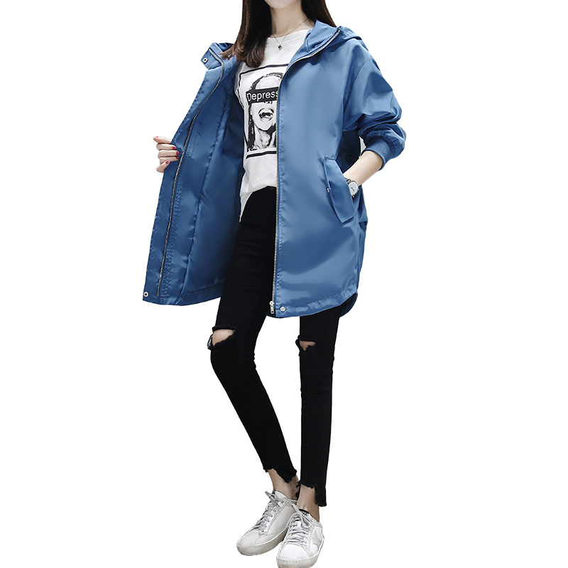 Korea Casual Trench Coat New Fashion Women Long Sleeved Hooded Letter Printed Medium Long Loose Windbreaker Autumn Coats 201211
