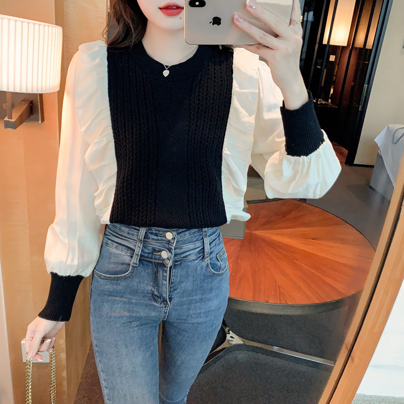 Women's Knit Sweater Spring 2022 New Style Ruffled Chiffon Stitching Puff Sleeve Twist Sweater Inner Base Coat, White;black
Women's Knit Sweater Spring 2022 New Style Ruffled Chiffon Stitching Puff Sleeve Twist Sweater Inner Base Coat, White;black