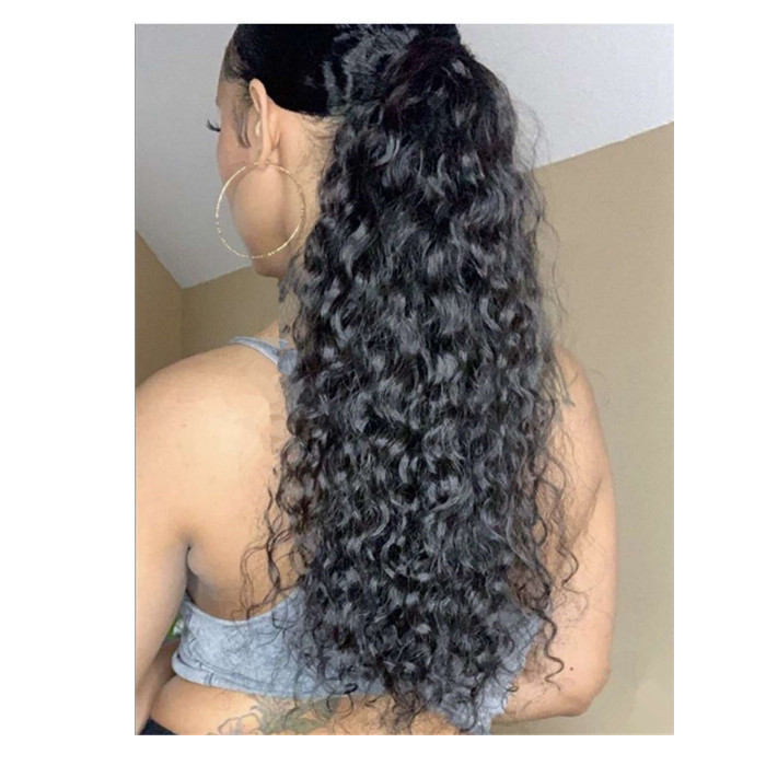 Beautiful women wearing Luxury raw cambodian deep curly ponytail human hair extension natural curly drawstring pony tail hairpiece 140g 1b