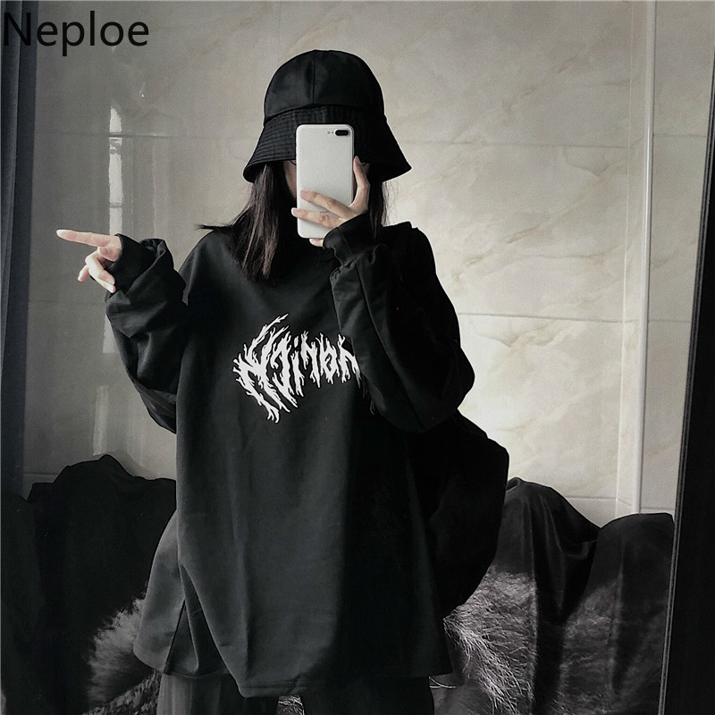 Neploe Ins Harajuku Style Streetwaer Unisex Lovers T Shirt O Neck Solid Retro Letter Tees Long Sleeve Spring Autumn New Top 201028