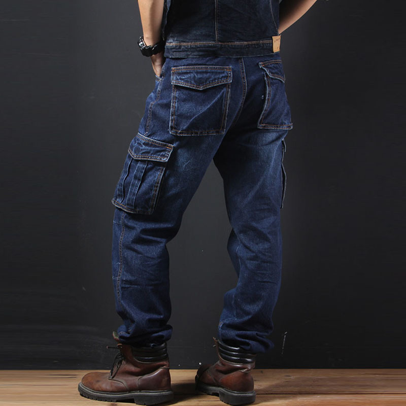 Idopy Men`s Casual Motorcycle Workwear Multi Pockets Denim Biker Cargo Jeans Pants For Male Plus Size 201223