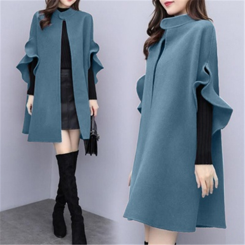 New Autumn Women's wool Shawl Cloak Ruffle Flare Sleeve Female Woolen Coats Fashion Loose Ladies Capes Long Coats Jackets LJ201106