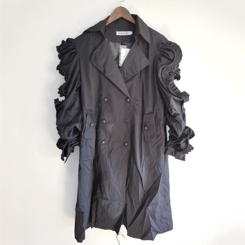 DEAT turn-down collar ruffles patchwork full sleeves shoulder high waist double breasted waist belt female windbreaker WO03106L 201211