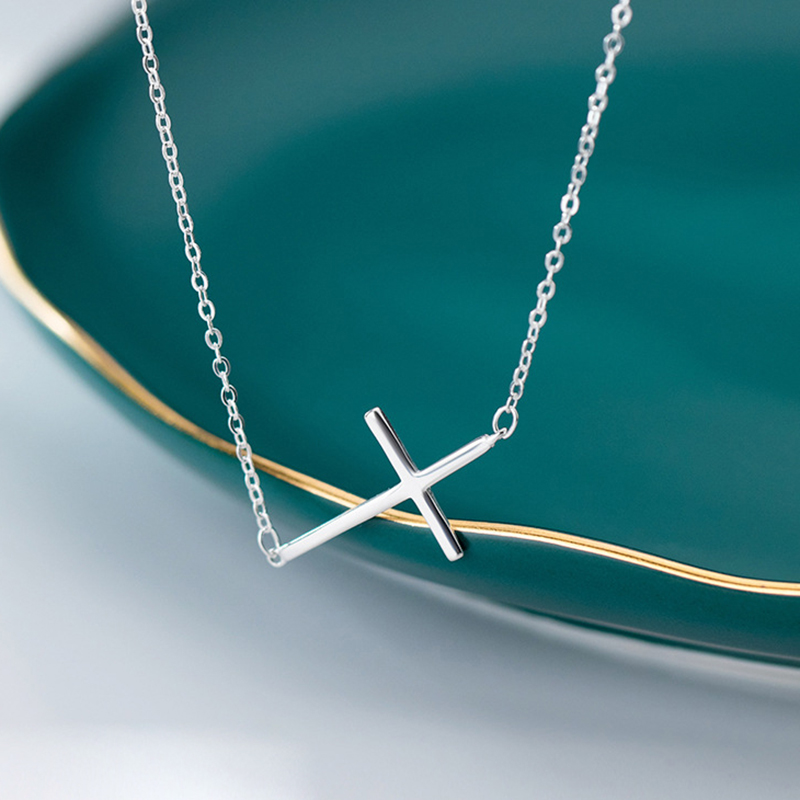 Real 925 Sterling Silver Fashion Bent Cross Pendant Clavicle Necklace or Women Wedding Party S925 Jewelry