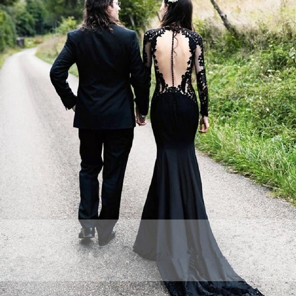 Black Gothic Mermaid Wedding Dress 2021 Hochzeit Sheer Illusion Vintage Satin country Bridal Dress Tulle Long Wedding Gowns