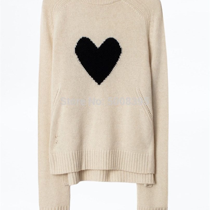 Woman Cashmere Sweater Round Neck Front Black heart Jac Long Sleeves Fashion JUmper knitted 201222