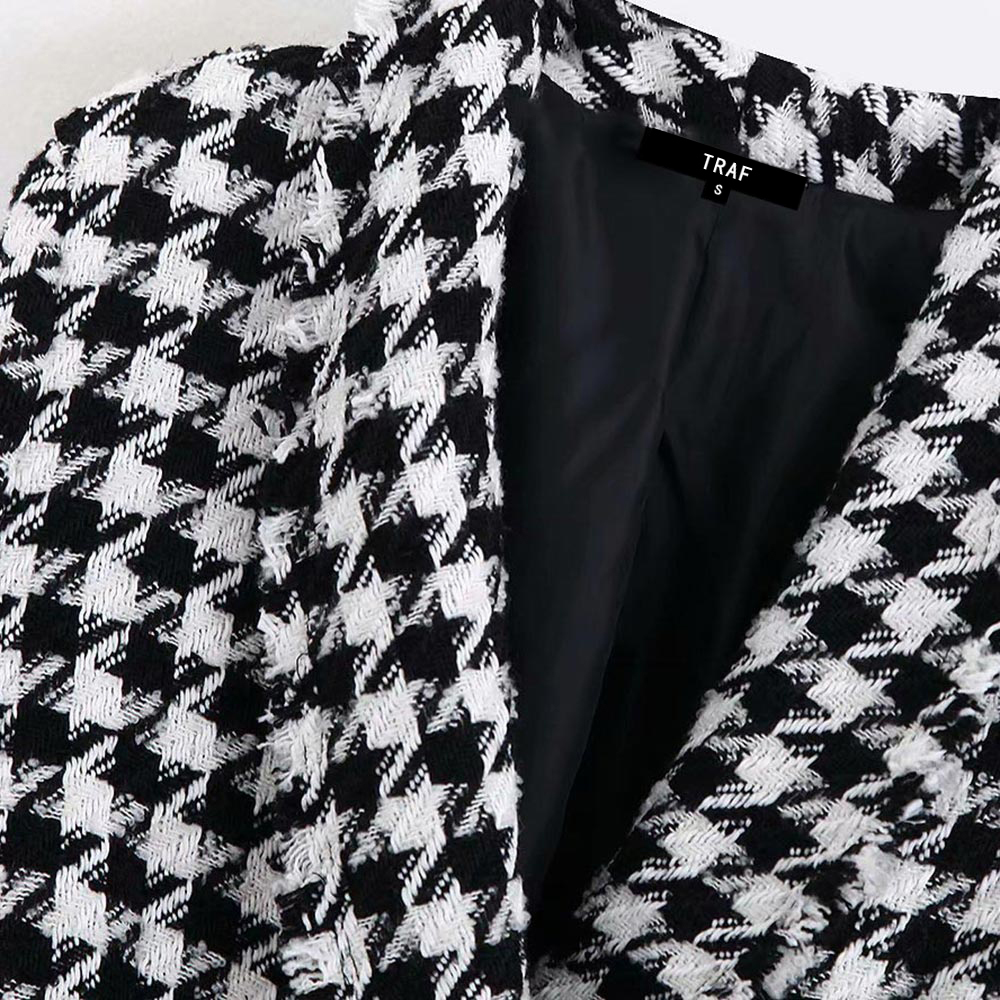 TRAF Women Tops Vintage Houndstooth Double Breasted Blazer Coat Fashion Long Sleeve Frayed Trims Outerwear Chic Plaid Jacket 201102