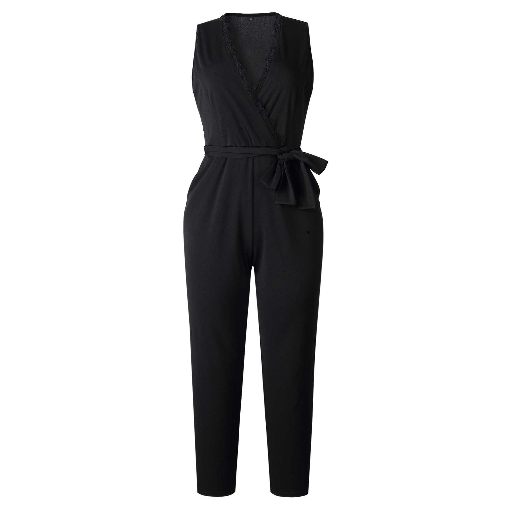 Fashion Lace Women Jumpsuit With Belt Sleeveless Summer New Casual Vneck Solid Women Black Jumpsuits Fashion Female Pants T200509