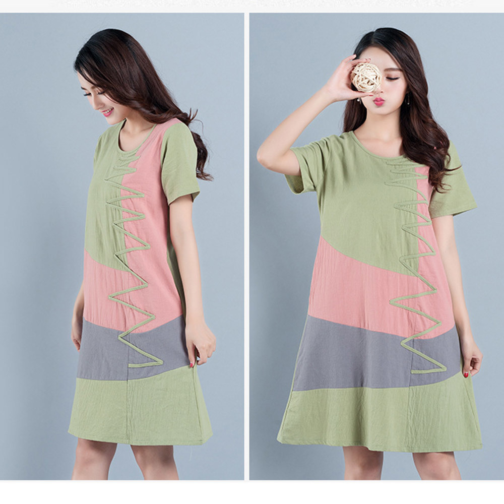 Supermiss Women Linen Summer Dress Plus Size Elegant Long Top New Casual Cotton Ladies Patchwork Short Sleeve Dresses T200603