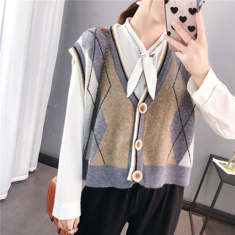 Cardigan vest women knit autumn and winter loose check sleeveless waistcoat sweater vest jacket college style 201223