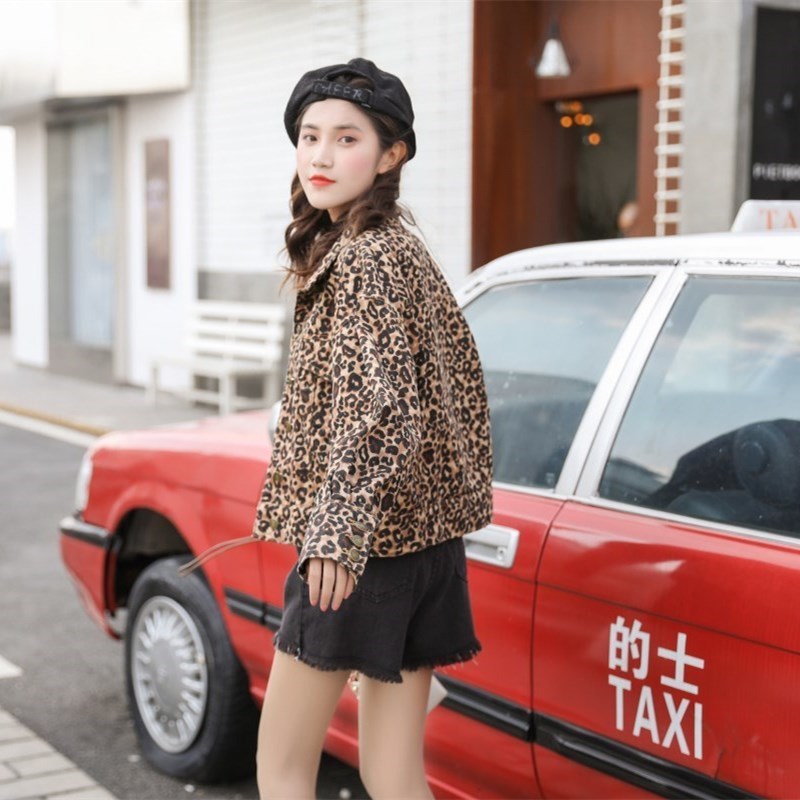 Flectit Women Leopard Denim Jacket Loose-Fit Long Sleeve Bomber Jackets Vintage Animal Print Jeans Jacket 201017