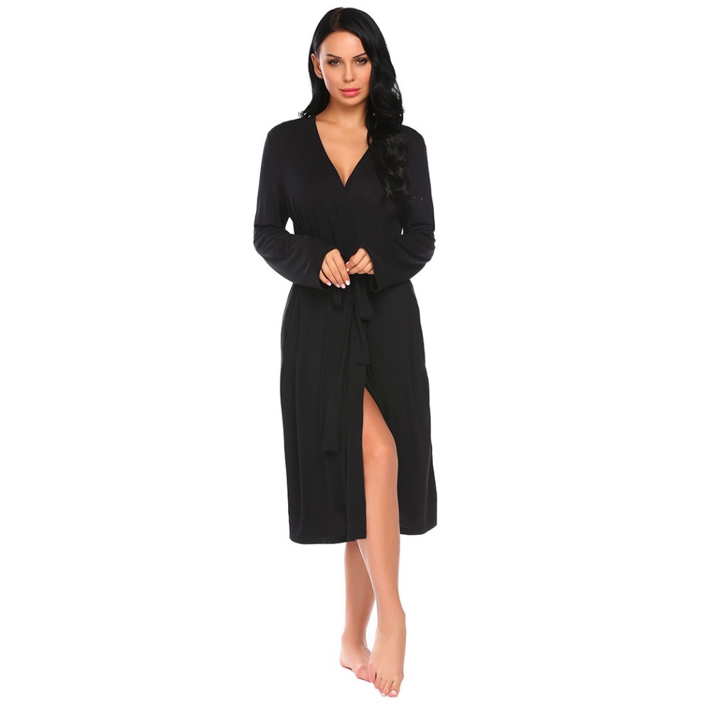 Ekouaer Long Women Robe Sleepwear Long Sleeve Solid Kimono Comfort Bathrobe Spa Robes Night Sexy Dressing Gown Nightwear S-XXL 210203