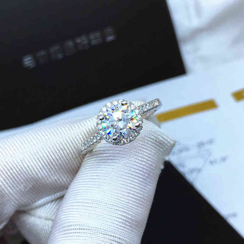 100% GRA Engagement Rings Womens Real Sterling Silver 2 Ct Round Brilliant Diamond Halo Wedding Fine Jewelry 220207