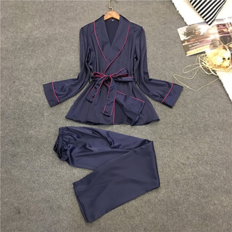 Daeyard High Grade Silk Satin Women Pajama Set Long Sleeve Robe And Pants Female Autumn Bathrobe Suit Elegant Sleepwear Homewear 201113