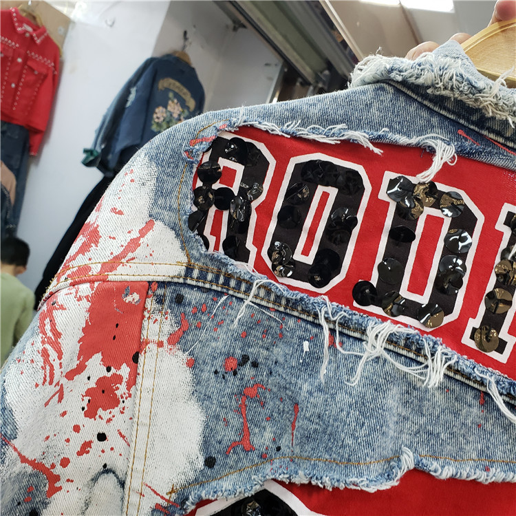 Village Ripped Jeans Jackets Women Spring Autumn New Street Wear Graffiti Printing Sequins Loose Jeans Coat Female Denim Coats T200828