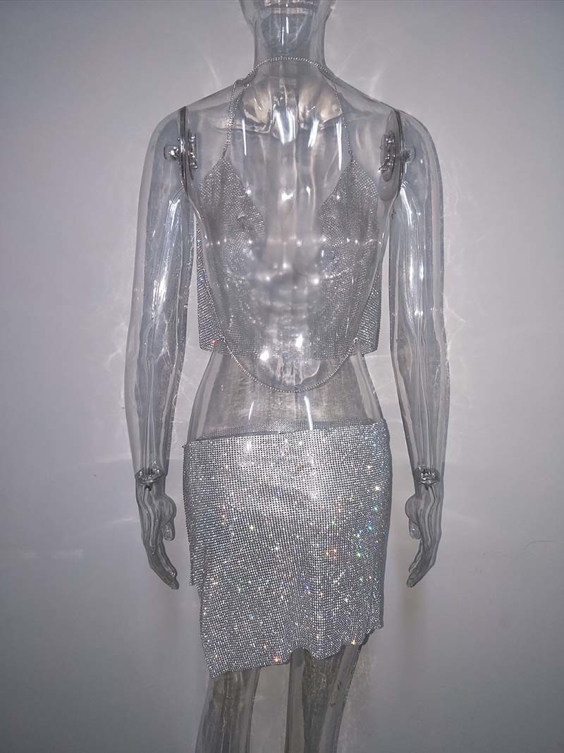 Bonnie Forest Seductive Crystal Diamonds Party Birthday Outfits Sexy Backless Glitter Rhinestone Two Piece Skirt Set Club Wear T200325