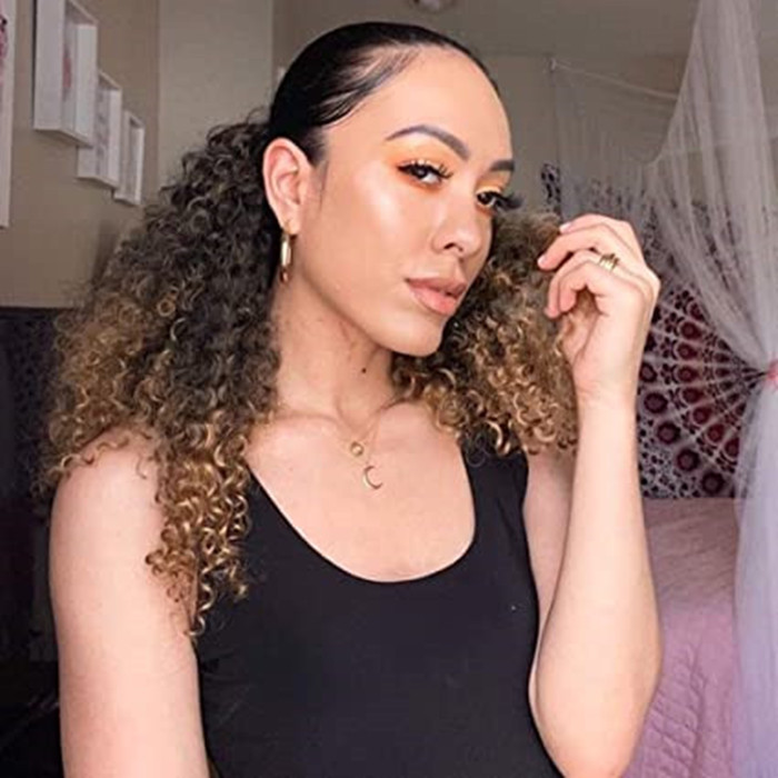 ombre blonde afro kinky Curly Ponytail Extension for Women Drawstring Ponytail Curly Brown Mixed with Dark Roots Short Afro Kinky #2/27