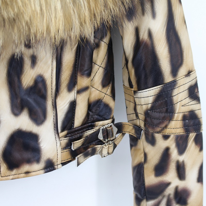 natural sheep leather jacket big fur collar leopard color new fashion high quality 100% genuine sheepskin wintershort coats 201103