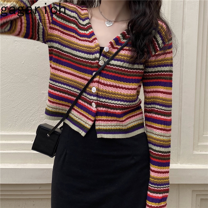 Ggarich Cardigan Women Autumn Outdoor Long-Sleeved Spring Autumn Short Slim V-neck Sweet Rainbow Striped Sweaters 201029