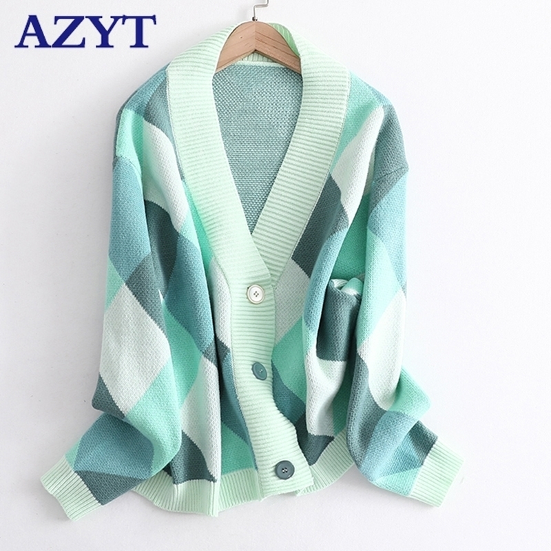V Neck Knit Oversize Female Cardigan Winter Argyle Single-Breasted Women's Sweater coat Autumn Loose Knit Cardigan Jacket 201031