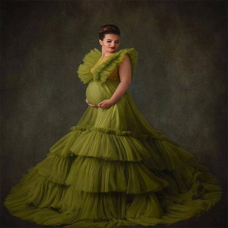 Pregnant Bridal Sleepwear Chic Sexy Sheer Soft Tiered Tulle Custom Made Jewel Neck Wedding Robe Nightgown Sweep Train