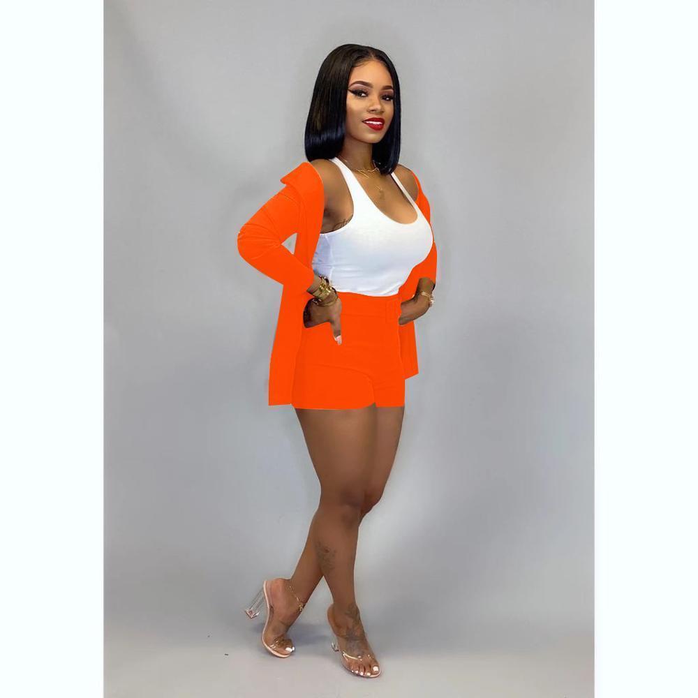 Women Office Business Suits Cardigan Blazer Coat And Shorts Slim Full Sleeve Two Piece Set Club Wear Outfits High Street Outwear T200325