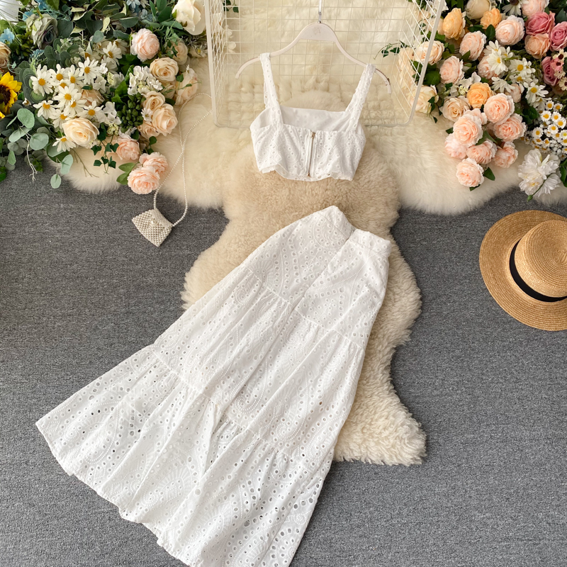 LY VAREY LIN New Summer Zipper Hollow Out Beach Vacation Two Piece Set Square Collar Strap Crop Top High Waist Women Skirt 201027