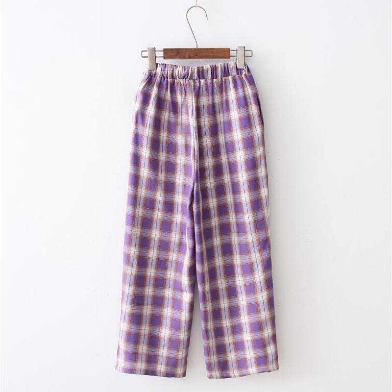 Harajuku Plaid pants students Korean loose retro soft sister purple cartoon dog elastic waist wide leg nine pants 201109