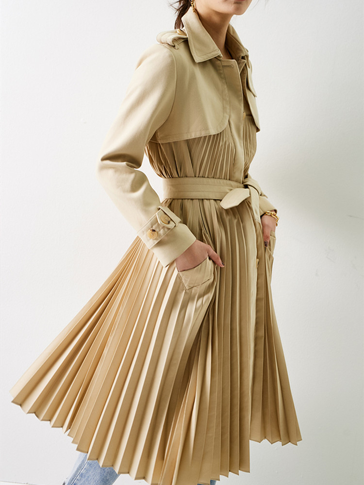 Turn down collar women's trench coat ladies wild stylish pleated windbreaker female outwear top with sashes 201031