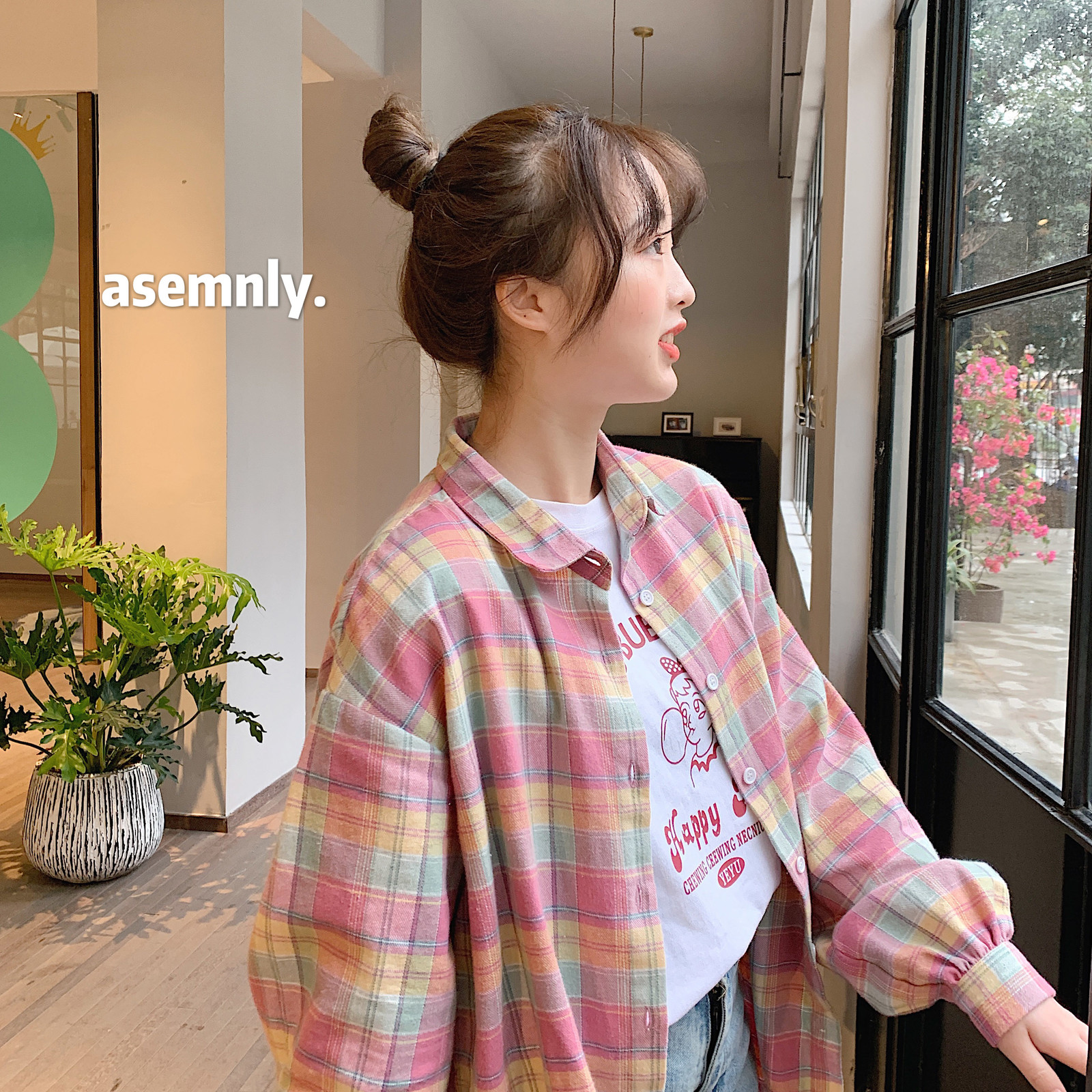 Loose Lantern Sleeve Rainbow Plaid Shirt Women's Summer Shirts Kawaii Ulzzang Lovely Female Sweet Haruku Cute Top For Women T200321 B3