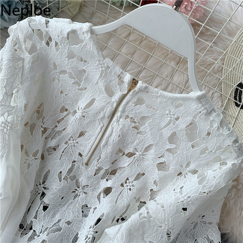 Neploe White Irregular Women Blouse Fashion Patchwork Hollow Out Lace Blusas Belted Elegant Office Lady Long Blouses Tops T200321