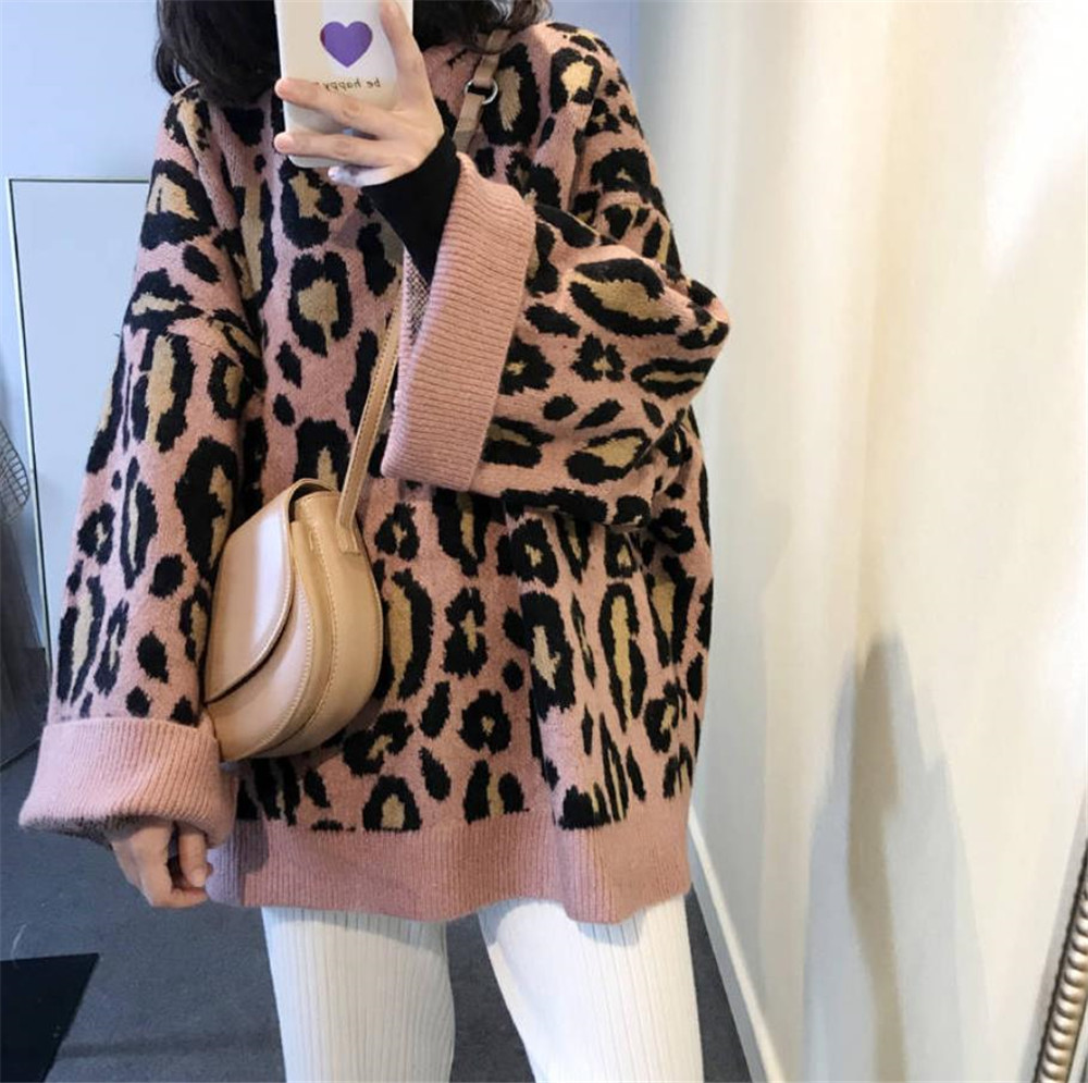 Women Sweater Autumn Winter O-Neck Leopard Print Oversized Sweater Loose Knit Sweater Casual Pullover Plus Size jumper sweter 35 201221