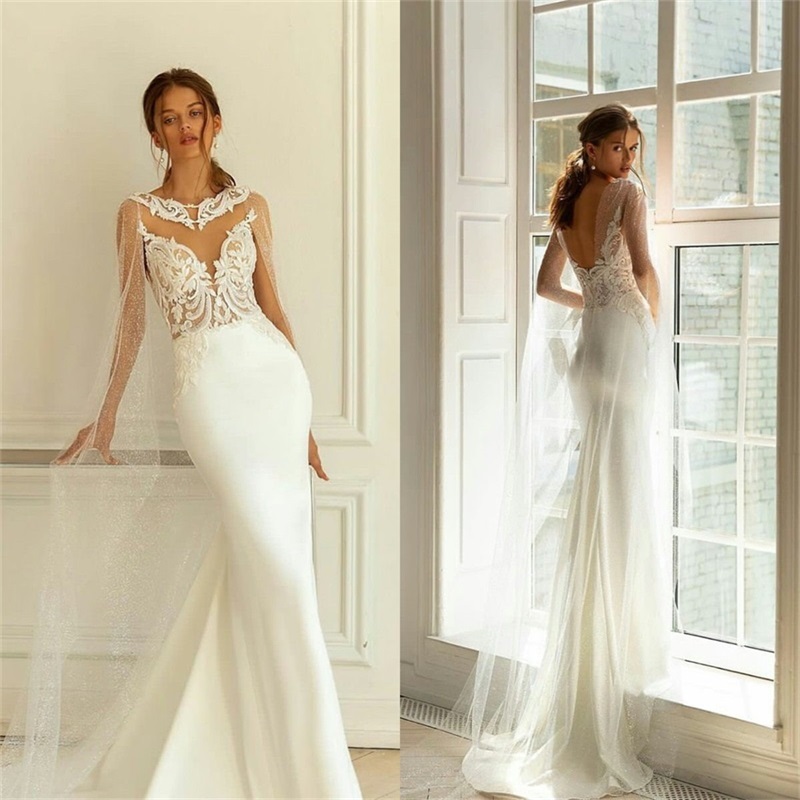 Chic Mermaid Wedding Dresses Long Sleeves Bling Sequins Appliques Lace Bridal Gowns Backless Ruched Satin Vestidos De Novia