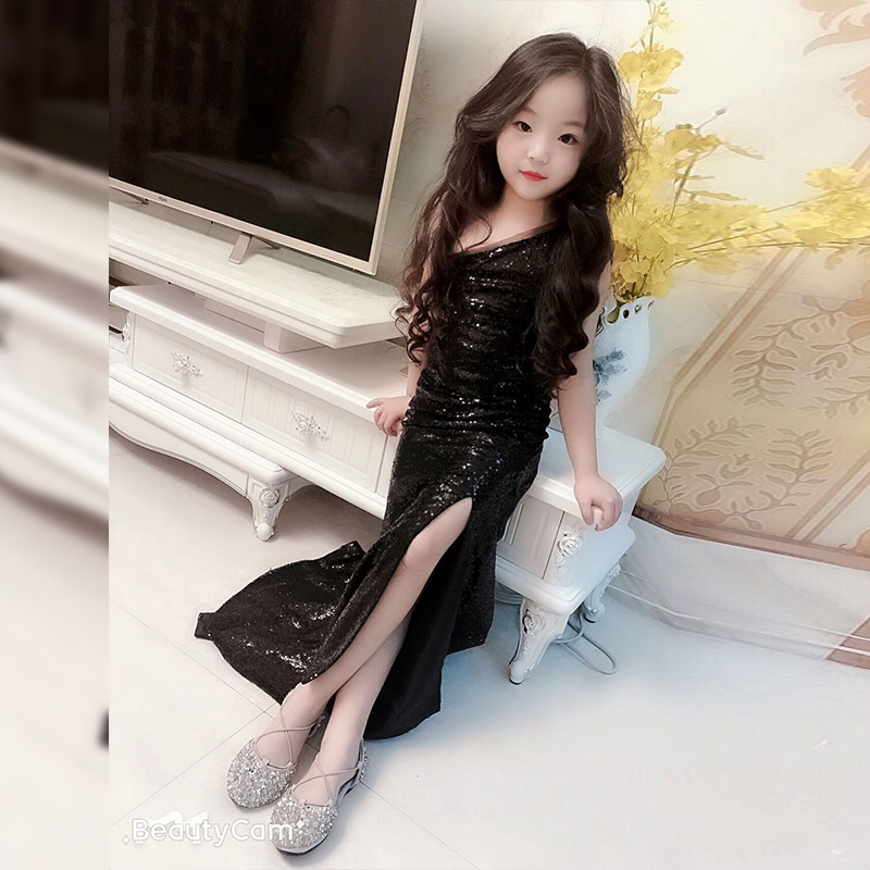 black sequin mermaid dress age for 3-14 yrs teenage girls one-shoulder vintage noble graduation gowns evening party kids frocks 201204