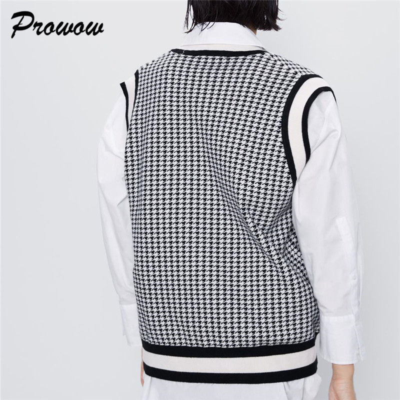 Fashion V-neck Knit Sweater Women Pullover Tops Sleeveless Houndstooth Plaid Knit Sweater Female Casual Sweater Lady Streetwear LJ201203