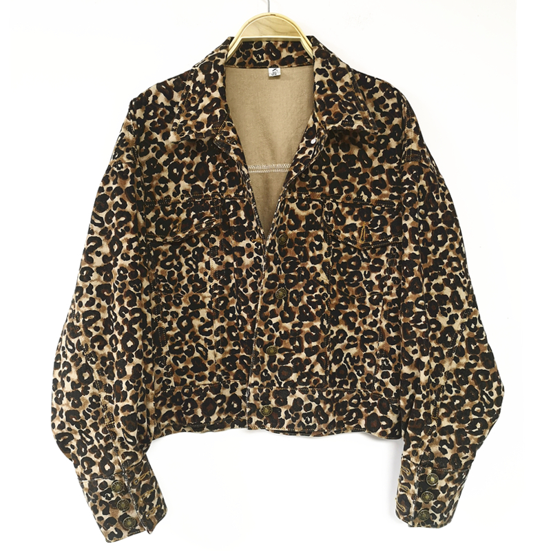Flectit Women Leopard Denim Jacket Loose-Fit Long Sleeve Bomber Jackets Vintage Animal Print Jeans Jacket 201017