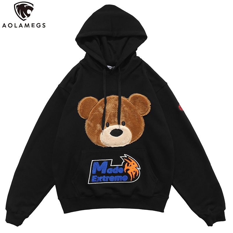 Aolamegs Hoodies Men Cartoon Furry Bear Letter Patch Harajuku Oversized Retro Hip Hop Hooded Pullover Men Sweatshirt Streetwear 201113