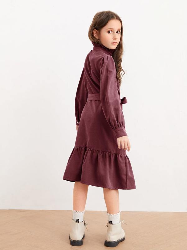 Girls Button Front Tie Front Ruffle Hem Dress SHE